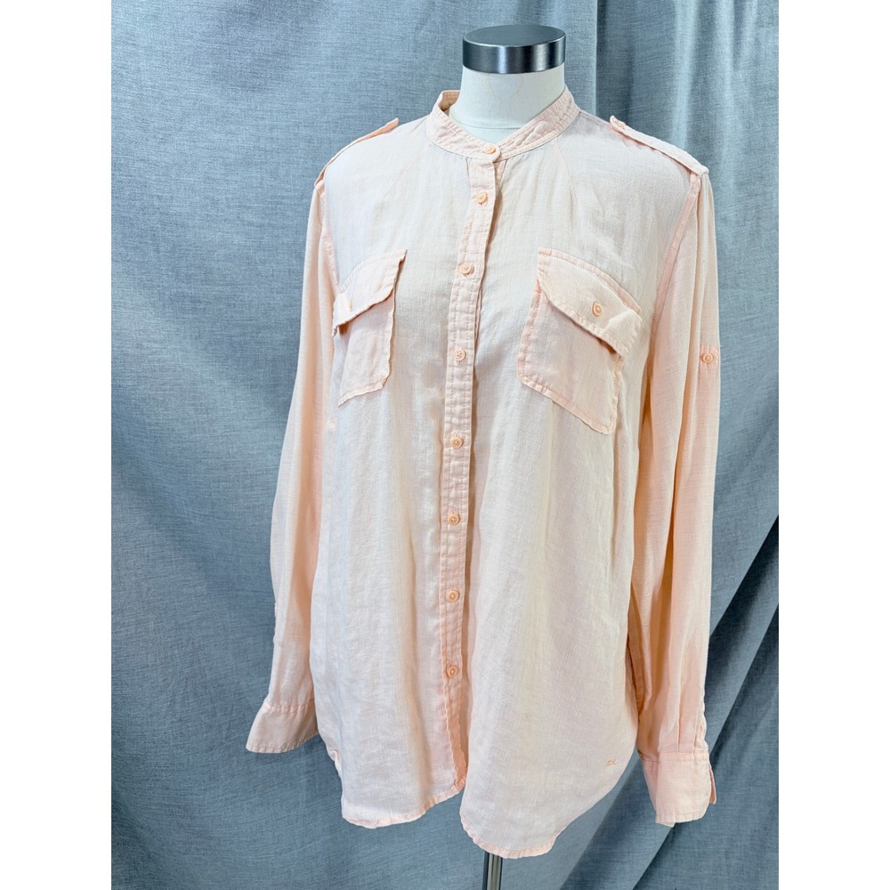 Vintage Tommy Hilfiger Peach 100% Linen Band Collar Button Up‎ Shirt 16 Coastal
